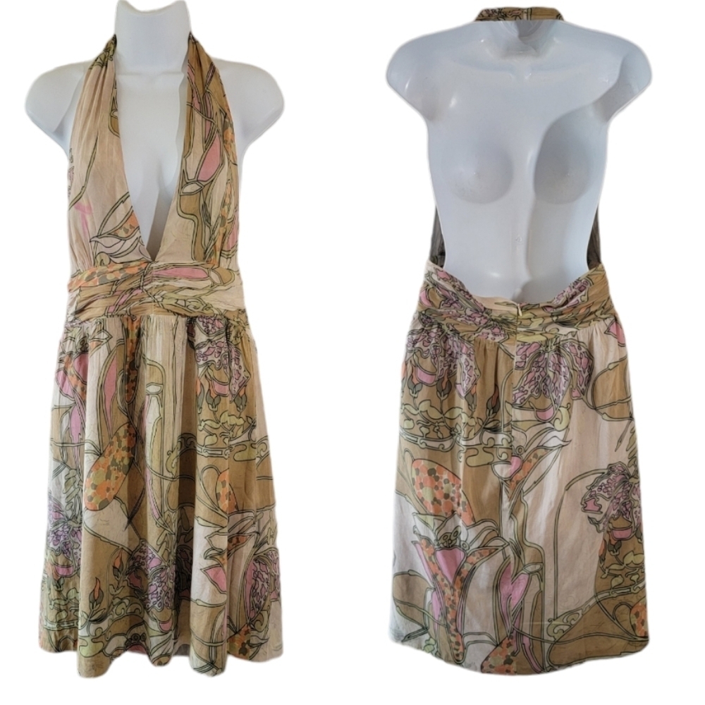 TRINA TURK Green Pink Abstract Halter Open Back Silk Dress Sz 10 Line Minimalist